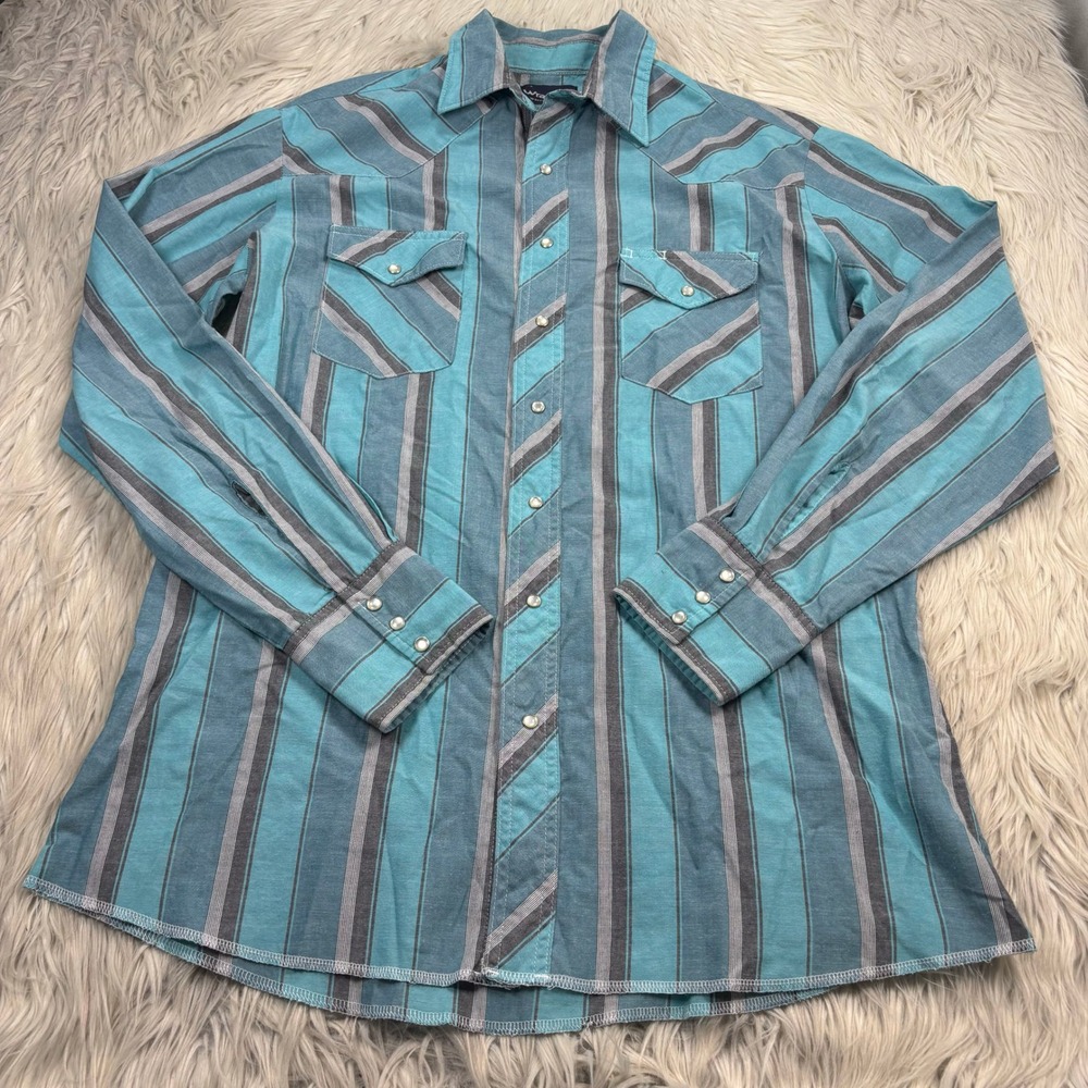 Vintage Wrangler Men's L TALL Blue Striped Pearl Snap Shirt Western Cowboy